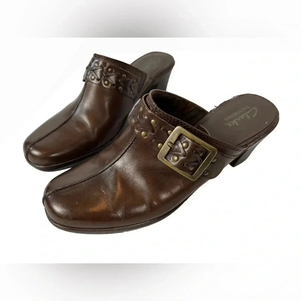 Clarks Bendables Brown Leather Shoes Slip on Mule Clogs Women's Size 9M